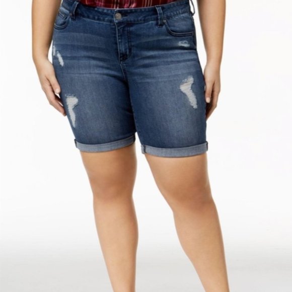 Seven7 Pants - Seven 7 Bishop Blue Distressed Roll Cuff Bermuda Denim Shorts